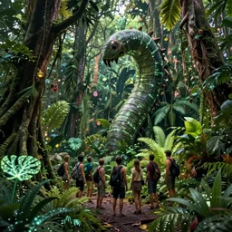 « a group of people lost in a detailed jungle with luminescent plants and beautiful tall trees, but there is a giant worm that is hidding »