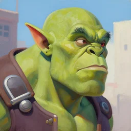 greg manchess close - up portrait painting of a handsome older male dieselpunk orc with olive green skin as an overwatch character, medium shot, asymmetrical, profile picture, organic painting, sunny day, matte painting, bold shapes, hard edges, street art, trending on artstation, by huang guangjian and gil elvgren and sachin teng