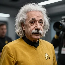 Albert Einstein as the captain in Star Trek, highly detailed, high quality, HD, 4k, 8k, Canon 300mm, professional photographer, 40mp, lifelike, top-rated, award winning, realistic, sharp, no blur, edited, corrected, trending