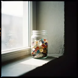 kodak portra 4 0 0, award - winning portrait by britt marling of a jar near a bright godrays window is filled with jewels, in a room, condrete walls,