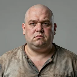 a highly detailed portrait of a balding obese man with horrible skin wearing a dirty shirt, 8 k, 4 k, highly detailed, sharp