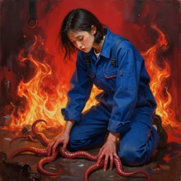 fashion model woman in a blue factory worker's overalls face looking down at the floor eyes sad tentacles instead of hands, the red glow of fire in the background, hyperrealistic painting, figurative art, poster art