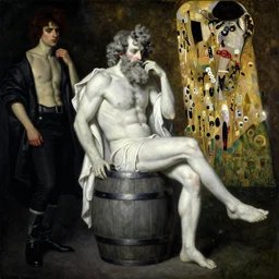highly detailed oil painting | very intricate | cinematic lighting | black, white and gold color scheme, dark background | diogenes in his barrel dressed by alexander mcqueen | by roberto ferri, by gustav moreau, by singer sargent and klimt, american romanticism, occult art | by austin osman spare, artstation, cgsociety, official art, octane