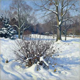 a winter landscape with shrubs and trees on a clear day, in fauvism style