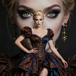 in the style of joshua middleton, artgerm, beautiful paris hilton steampunk, full body, brown and blue dress, elegant pose, middle shot, spooky, symmetrical face, symmetrical eyes, detailed realisitc eyes, detailed realistic eyes, detailed and intricate