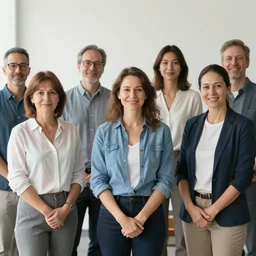 a stock photograph of a group of smiling adults in a business setting wearing casual clothing