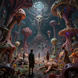 prometheus biological sci - fi environment set in a nightmarish universe of odd forms and somber tapestry, humans exploring, hr giger and zdzisław beksinski, vivid color scheme, featured in artstation, octane render, cinematic, elegant, intricate, 8 k