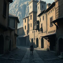 a medieval italian deserted small quaint town, a single purple slaanesh demons walking in the ruins, medium shot, atmospheric fantasy matte painting by eytan zana and ruan jia and boris vallejo, trending on artstation
