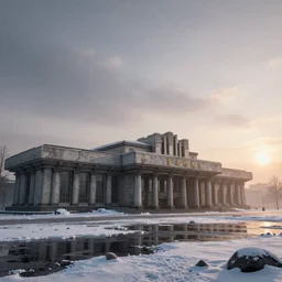 3 d render brutalism ussr metro station, located in the snow, puddles of water, by artgem, ivan shishkin, sunset, foggy, stunning skies, volumetric lighting, sharp focus, cryengine