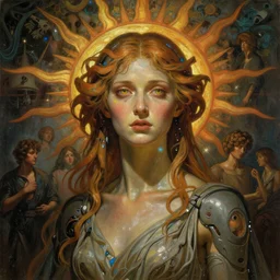 stunning, breathtaking, awe-inspiring award-winning concept art nouveau painting of attractive cyborg as the goddess of the sun, with anxious, piercing eyes, by Alphonse Mucha, Michael Whelan, William Adolphe Bouguereau, John Williams Waterhouse, and Donato Giancola, cyberpunk, extremely moody lighting, glowing light and shadow, atmospheric, cinematic, 8K