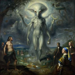 inconceivable otherworldly alien rising from a mental landscape, epic painting by richard schmid, craig mullens, bosch, vermeer, dore, ilya repin. elder god lovecraft mythology