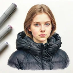 a copic maker realistic portrait of russian girl by yoshiyuki sadamoto, alfons mucha wearing a dark puffy anorak by issey miyake and balenciaga streetwear utility tight leggins and yeezy sneakers chic, zippers, belts & velcro galore, cargo pants chic'techno fashion trend 8 k