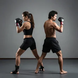 man and woman standing back to back, ready to fight