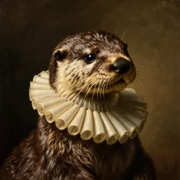 a dutch golden age chiaroscuro oil painting portrait of an otter wearing a ruff collar, warm lighting, chiaroscuro dramatic lighting
