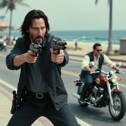 beautiful hyperrealism three point perspective film still of Keanu Reeves as neo in bullet time aiming two uzi at agent smith in a nice oceanfront promenade motorcycle chase scene in Matrix meets kagemusha(1990) extreme closeup portrait in style of 1990s frontiers in translucent porclein miniature street photography seinen manga fashion edition,, tilt shift style scene background, soft lighting, Kodak Portra 400, cinematic style, telephoto by Emmanuel Lubezki