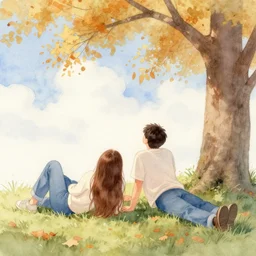 pastel long shot watercolour of young man and woman with long brown hair, laying under a tree looking at clouds autumn, ( ( ( wearing jeans ) ) )