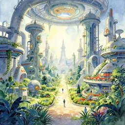futuristic industrial garden, watercolor by moebius and clamp, backlighting, vibrant palette, highly detailed