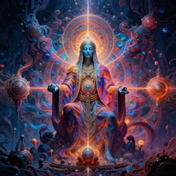 the shaman of infinite fractal universes, by jack gaughan, dichromatism, paradox, volumetric light, insanely detailed and intricate, hypermaximalist, psychedelic colors, dramatic lighting, smooth, sharp focus, extremely detailed, aesthetically pleasing composition