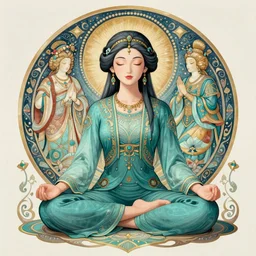 girl meditating in lotus position, teal suit, intricate, elegant, highly detailed, artstation, sharp focus, illustration, ruan jia, mandy jurgens, rutkowski, mucha