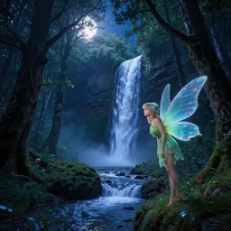 Ethereal Pixie Forest at night, Waterfall, moonlight, Greg Rutkowski, Thomas kinkade, hyperrealism, artstation, 8k, Magical,  panoramic, highly detailed, enhanced lighting