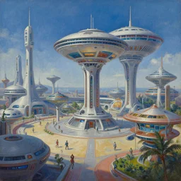 sci - fi amusement park in 2 4 th century, 1 9 7 0 s art, by ranganath krishnamani, by james gilleard, by ian mcque, by paul thurlby, trending on artstation, oil on canvas, hd, sharp, detailed,
