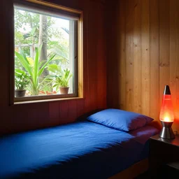 a room with a blue bed in the corner, with a window next to the bed, plants in the window, sunlight coming through the window, wooden walls and a lava lamp, light reflections, professional photo, artstation trend, hdr
