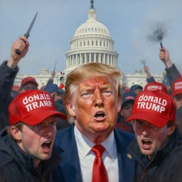 a surreal painting by “ chris mars ” of a closeup view of the january 6 capitol riot led by “ donald trump ”. rioters are furious and are wearing red maga hats. highly - detailed contemporary artwork.