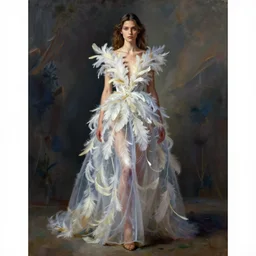 a translucent feminine dress made of feathers, fashion design, stylized, oil painting