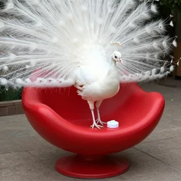a white peacock uses furniture polish on a round red banana chair