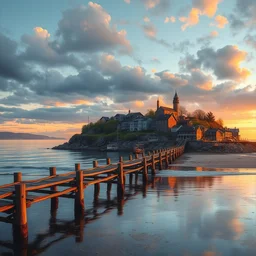 a fisher village on an island, wood piers on the beach, houses on a hill, scenic view, sunset, matte painting by marc simonetti and rhads and donato giancola, trending on artstation