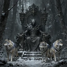 winter wolves and the darkness, spirits guard the deep forest throne. dark fantasy style. octane render, highly detailed. illustration. digital painting by david caspar friedrich, zdiszlaw beksinski and h. r. giger