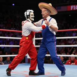joe biden, dressed as a plumber, tangos with colonel sanders in a boxing ring, with a spanish hat on his head, photorealistic, detailed, high quality, high resolution, hyperrealistic, photo, photograph, 4 k, 8 k, hdr, lossless quality, lossless, hyperdetailed