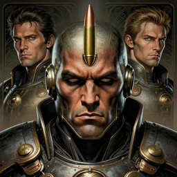 a stunning full - color ancient art nouveau action shot of a bullet!!!! approaching a head, extremely detailed and swarthy facial structure, dieselpunk armor, perfectly symmetrical face, linework, proud and honorable face, by bill sienkiewicz, travis charest and michael golden, dark sci - fi, deep complexity, superhero character concept art, photorealism, stunning framing, dim volumetric lighting, hyperrealism, 8 k