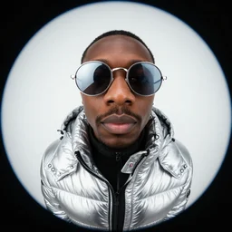 photo, black man, silver metallic moncler jacket, silver reflective circular sunglasses, head and shoulders portrait, fisheye lens