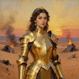 young dejah thoris on mars wearing detailed plate armor made of gold, portrait, after a smoky battle, gold jewelry, elegant small tiara, sand dunes to the horizon, burning wrecks, fantasy, painterly, sunset, oil painting on canvas by sargent and alphonse mucha, wlop