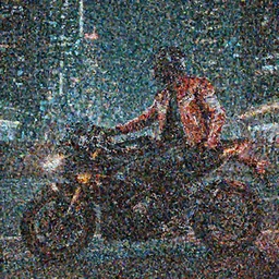 man sitting on parked motorcycle. red black white leather jacket cyberpunk helmet. Black motorcycle orange emissive glowing wide angle shot long distance Bladerunner 2049 Wadim Kashin Wenjun Lin beautiful cyberpunk city night time