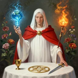 Magician white robe purity, red cloak, knowledge, table in front with a cup, pentacle, sword and wand – water, earth, air and fire, unlimited potential, flowers, fruition of ideas by Zdzisław Beksiński and thu berchs James Gurney unreal engine, Trending on artstation.