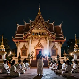 a portrait footage of a view of a thai temple with a horror 1 ghost exorcism by a shaman in white cloth in thai temple, night scene with flash, scene, highly detailed, still shot from movie, wide shot - w 1 0 2 4