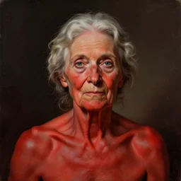 An old lady with red skin, red skin, red skinned, portrait in the style of Disco Elysium, Disco Elysium, Disco Elysium artwork, simple, concept art