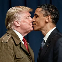 a wwii us propaganda portrait of barack obama kissing donald trump by elvgren and dan mumford