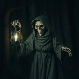 creepy old lady in dark woods wearing mask and holding a lantern, creepy, spooky, mysterious, forest, night time, scary, creepy, black cats, creatures, haunted house, forest spirit, monster, under the bed, by steve argyle
