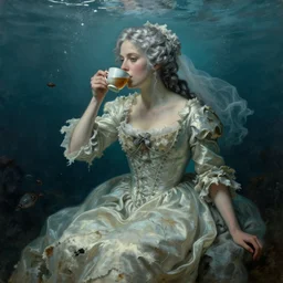 a 1 8 th century, silver haired, ( ( mad ) ) ) elf princess look like ( ( young kate winslet ) ), dressed in a ragged, wedding dress, is drinking a cup of tea. everything is underwater, floating. greenish blue, theatrical, painting by meynell rheam, inspired by paintings of henry meynell rheam