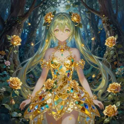 breathtaking detailed soft painting of hatsune miku fairy in the distance of a luxurious twilight forest by Ayami kojima, Loputyn and matcha, golden rose dress of stained glass floating around, detailed realistyc symmetrical facial features, amalgamation of leaves and flowers, 8k, concept art, matte, sharp focus, rembrandt style