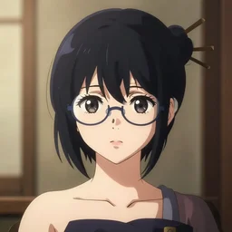 anime girl with short black hair and glasses, hair bun with chopsticks stylized, beautiful lineart, depth focus, rankings pixiv, artstation, chromatic aberration, soft lighting, srgb, 4 k artstation, hdr, cinematic, by kadokawa, nitroplus, ilya kuvshinov, ross tran, leyendecker, wlop, guweiz