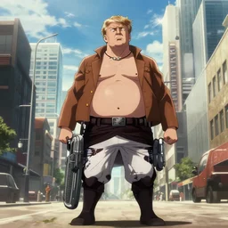 “ donald trump as a fat ugly titan, attack on titan, shingeki no kyojin, film still, wide open city ”