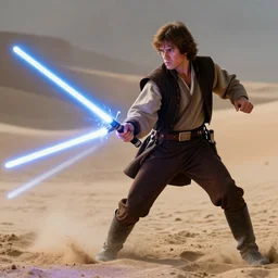 Anakin Skywalker lightsaber duel against sand, high detailed, cinematic, film, scene, cinematic lighting, high resolution, 8k, hd