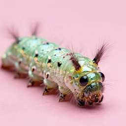 high quality close-up photo pearlescent fluffy caterpillar! gorgeous highly detailed hannah yata elson peter cinematic pink lighting high quality low angle hd 8k sharp shallow depth of field