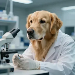 a scientist with a golden retriever head working in a laboratory, 8 k, ultra realistic, cinematic