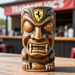 a closeup photorealistic photograph of a glossy ferrari themed tiki mug at at an outdoor trader vic's bar featuring the smiling enzo ferrari's face. tiki theme. bright scene. fine detail. this 4 k hd image is trending on artstation, featured on behance, well - rendered, extra crisp, features intricate detail, epic composition and the style of unreal engine.