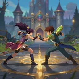 fight scene league of legends style fight on road near castles, center camera composition, 2 5 mm, bokeh, by studio ghibli, makoto shinkai, by artgerm, by wlop, by greg rutkowski, volumetric lighting, movie action scene, 8 k, lumen reflections, sharpened, insanely detailed and intricate, elegant, ornate